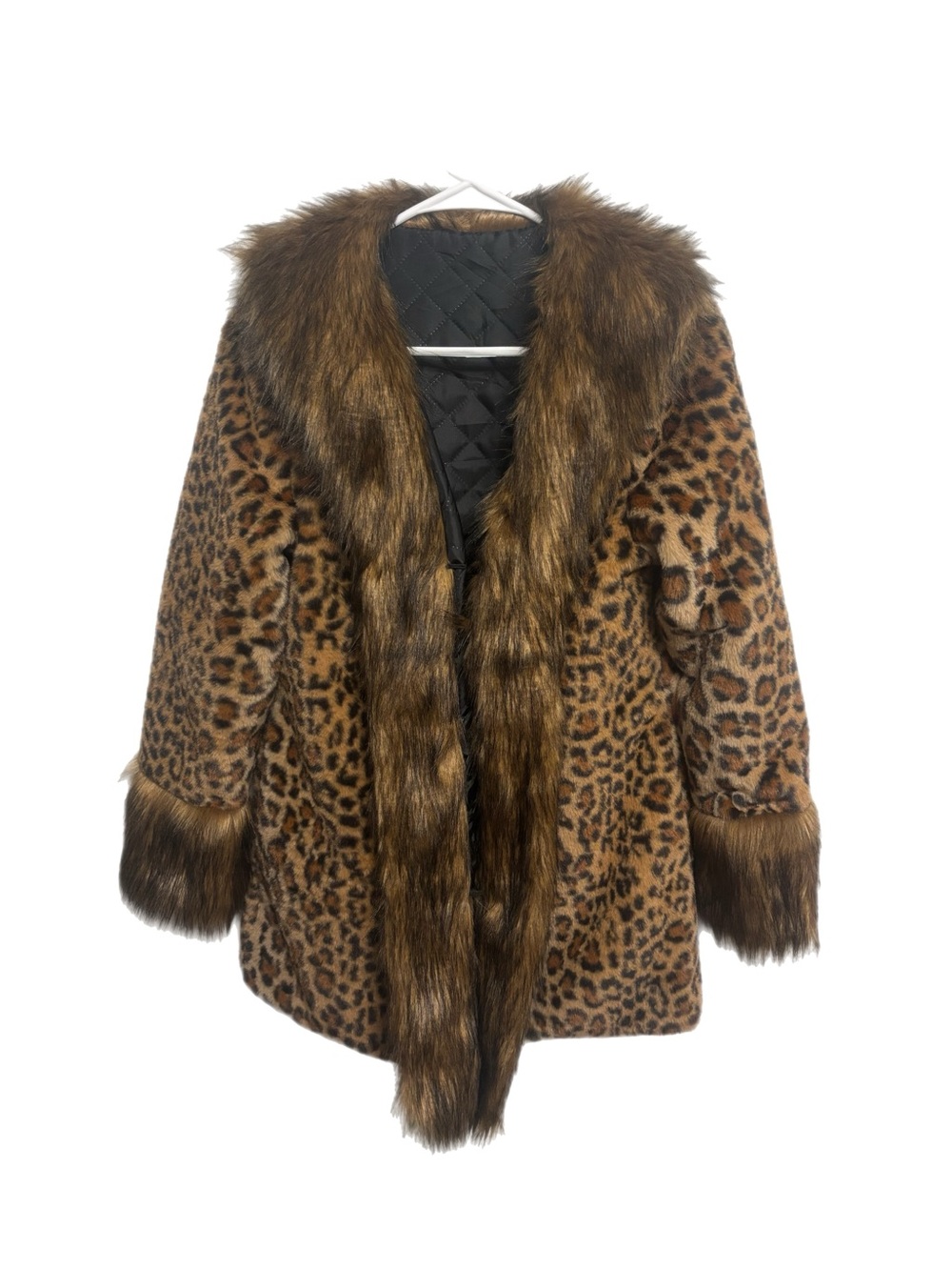 Leopard Print Faux Fur Coat with Brown Trim